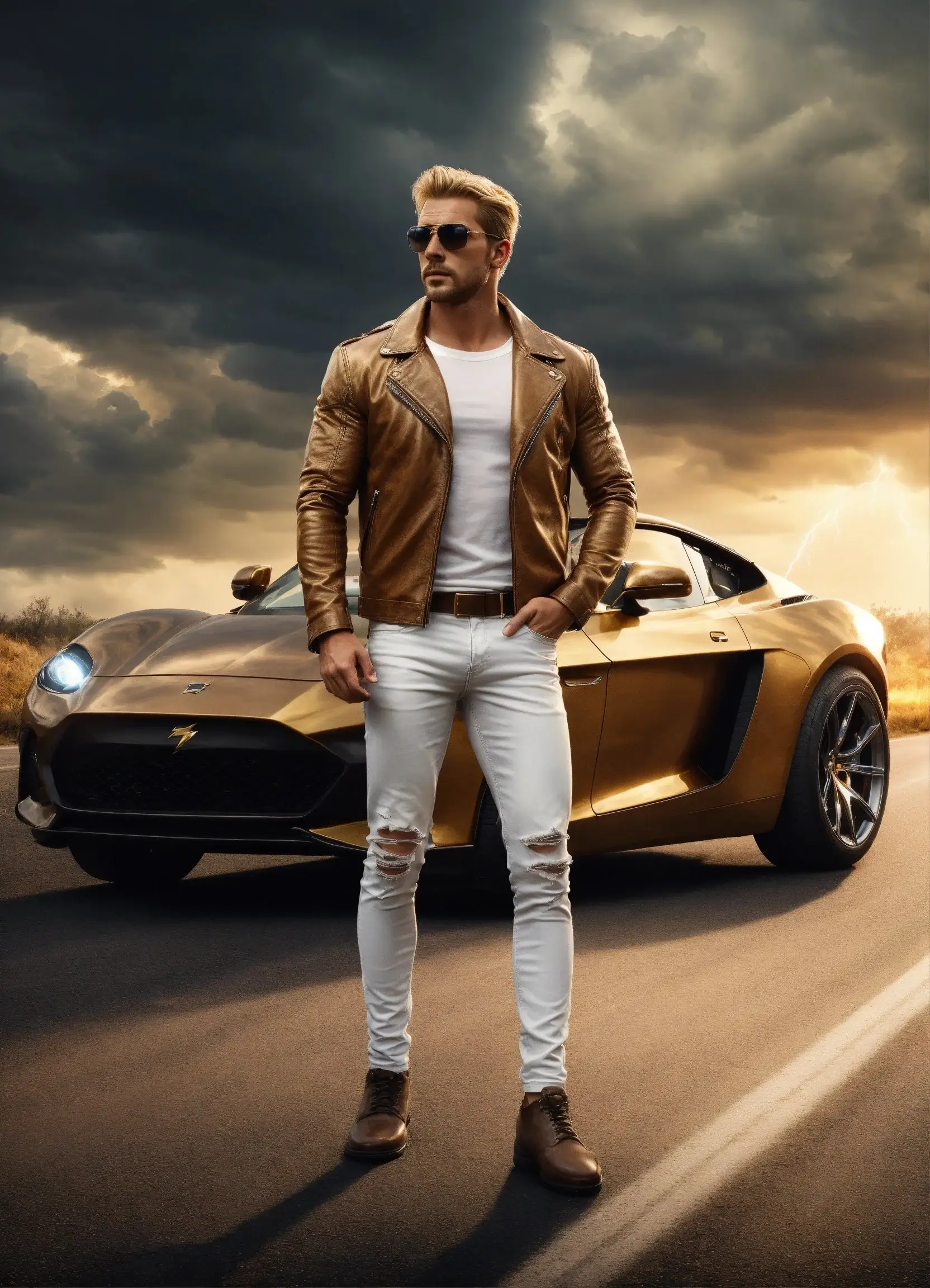 a boy standing in front of car image